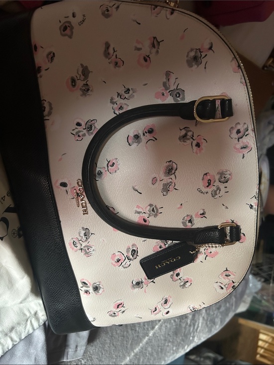 Coach Handbags - Coach Pink Floral Dome Satchel with Black Trim